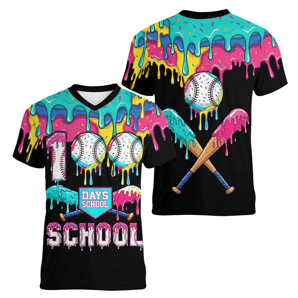 100 Days of School Baseball Women V-Neck T-Shirt with Sweet Melting Drip Pattern