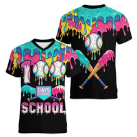 100 Days of School Baseball Women V-Neck T-Shirt with Sweet Melting Drip Pattern