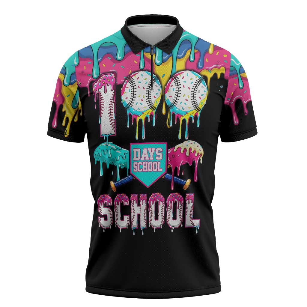 100 Days of School Baseball Zipper Polo Shirt with Sweet Melting Drip Pattern