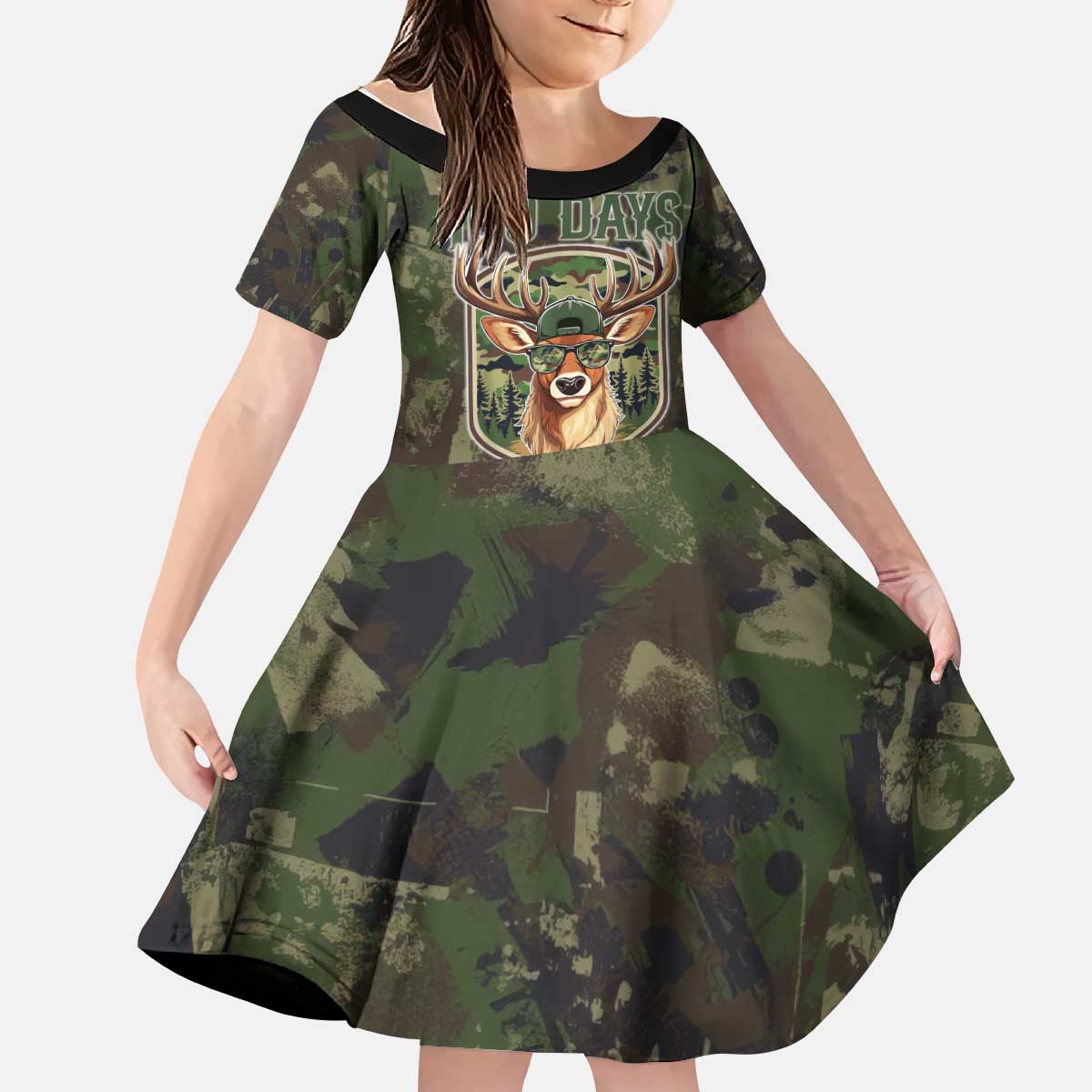 Deer 100 Days of School Kid Short Sleeve Dress Camo Deer Adventure Forest