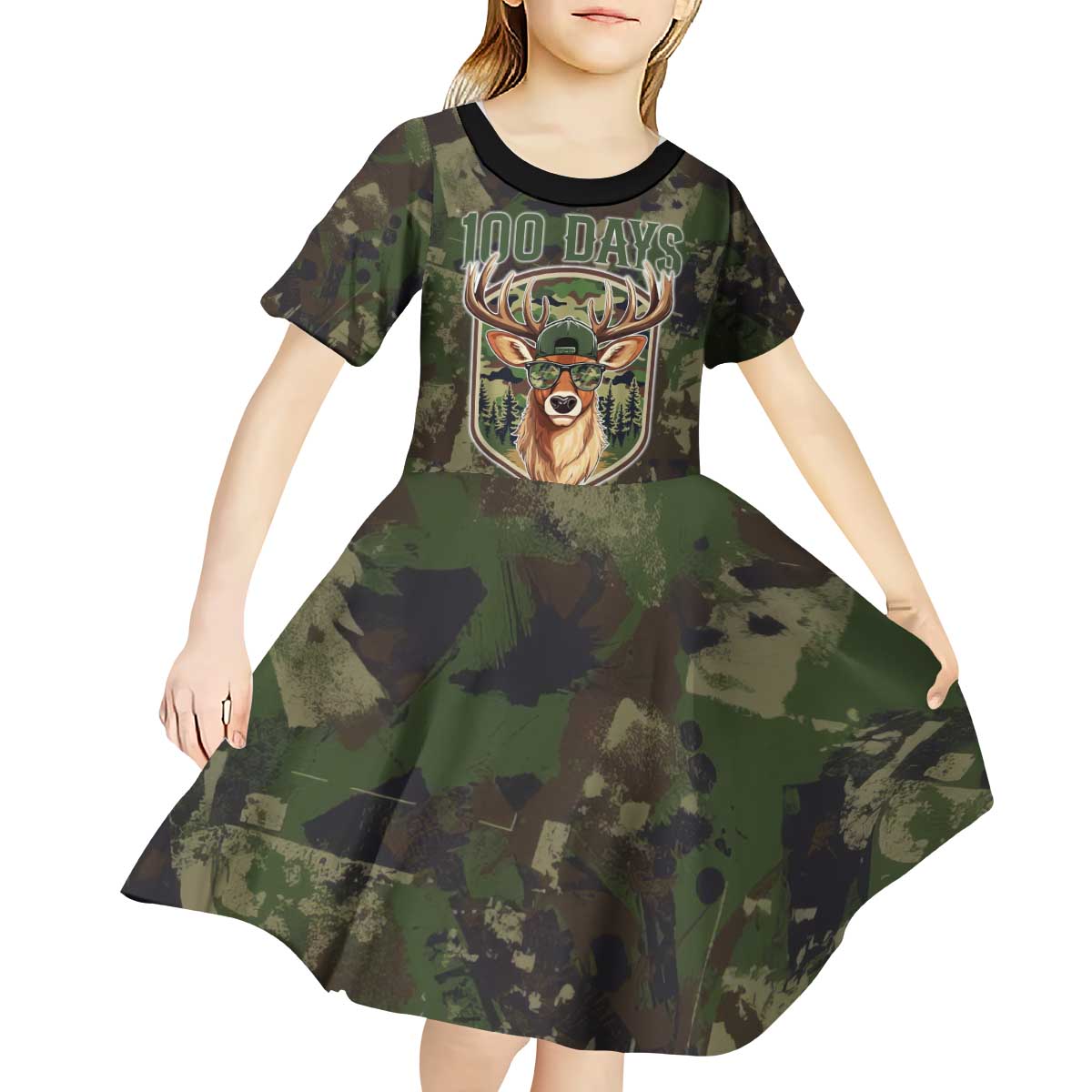 Deer 100 Days of School Kid Short Sleeve Dress Camo Deer Adventure Forest
