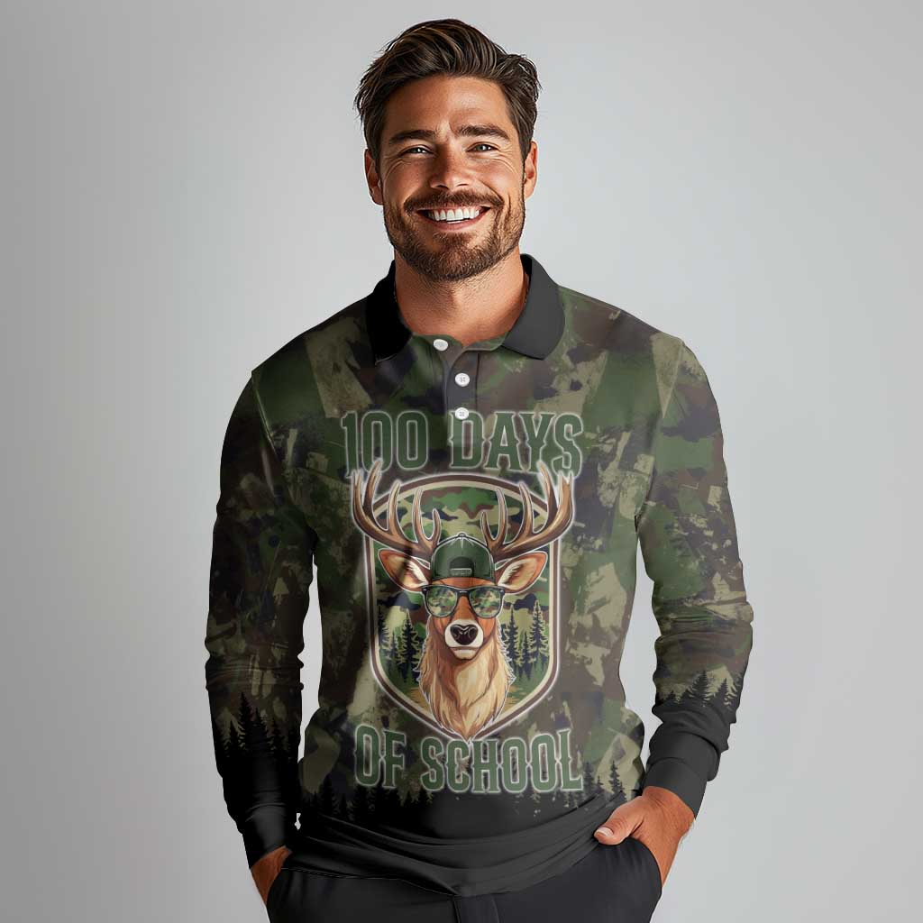 Deer 100 Days of School Long Sleeve Polo Shirt Camo Deer Adventure Forest
