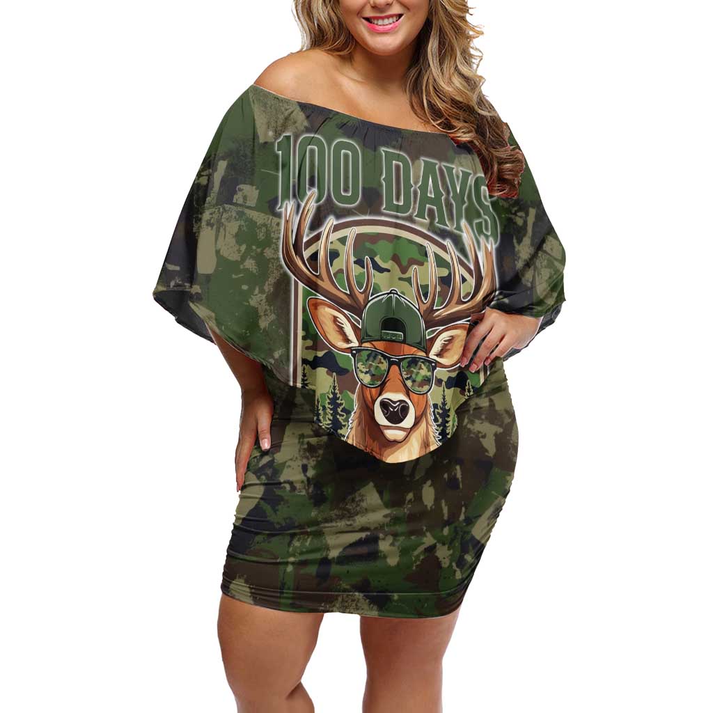 Deer 100 Days of School Off Shoulder Short Dress Camo Deer Adventure Forest