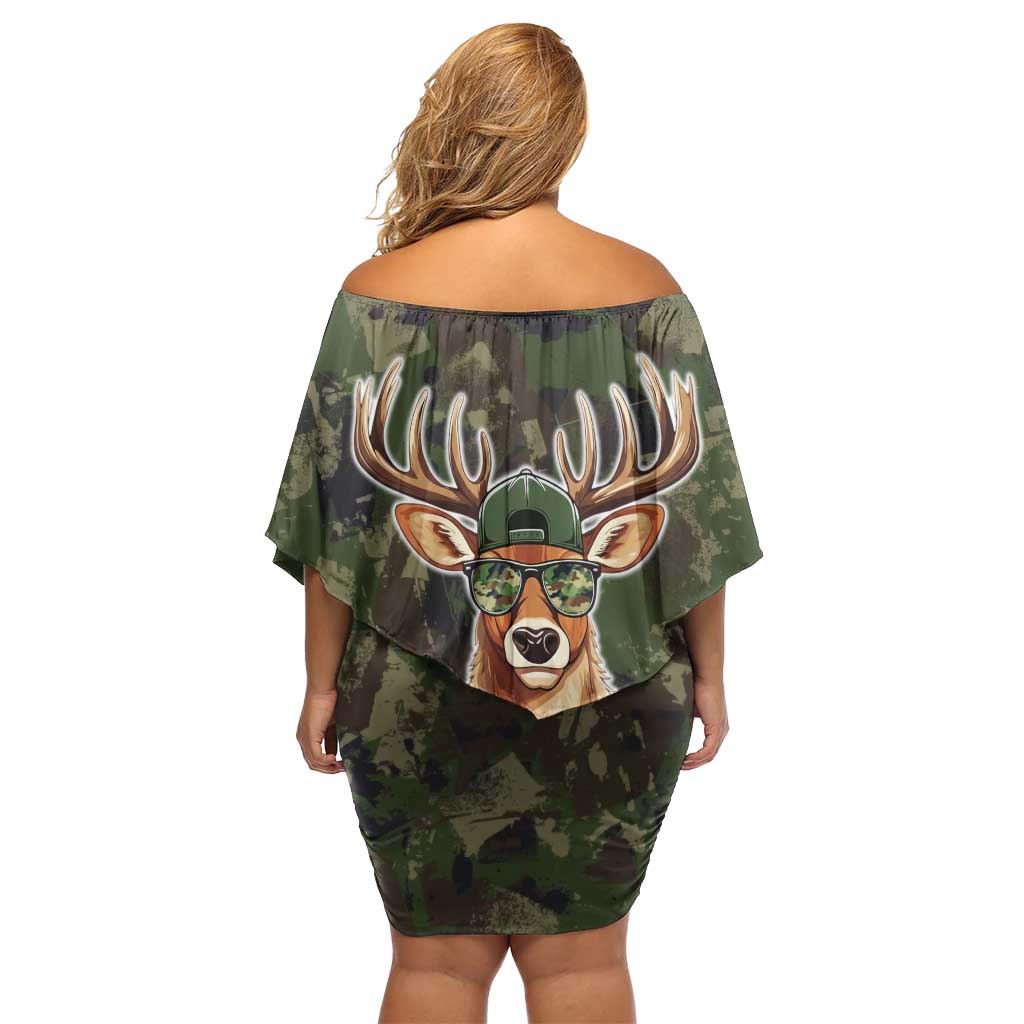 Deer 100 Days of School Off Shoulder Short Dress Camo Deer Adventure Forest