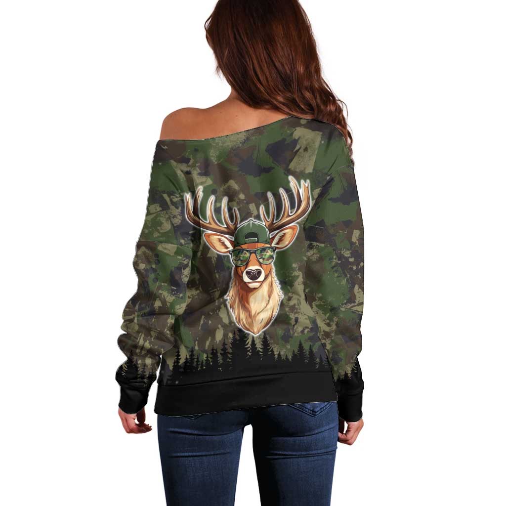 Deer 100 Days of School Off Shoulder Sweater Camo Deer Adventure Forest