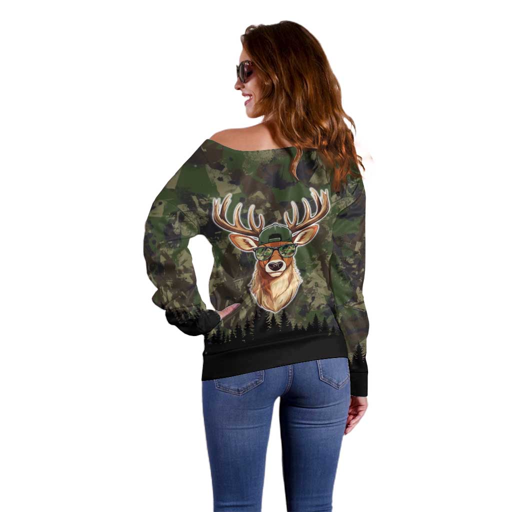 Deer 100 Days of School Off Shoulder Sweater Camo Deer Adventure Forest