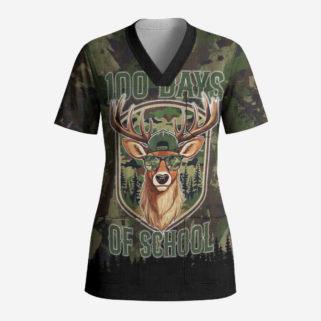 Deer 100 Days of School Scrub Top Camo Deer Adventure Forest