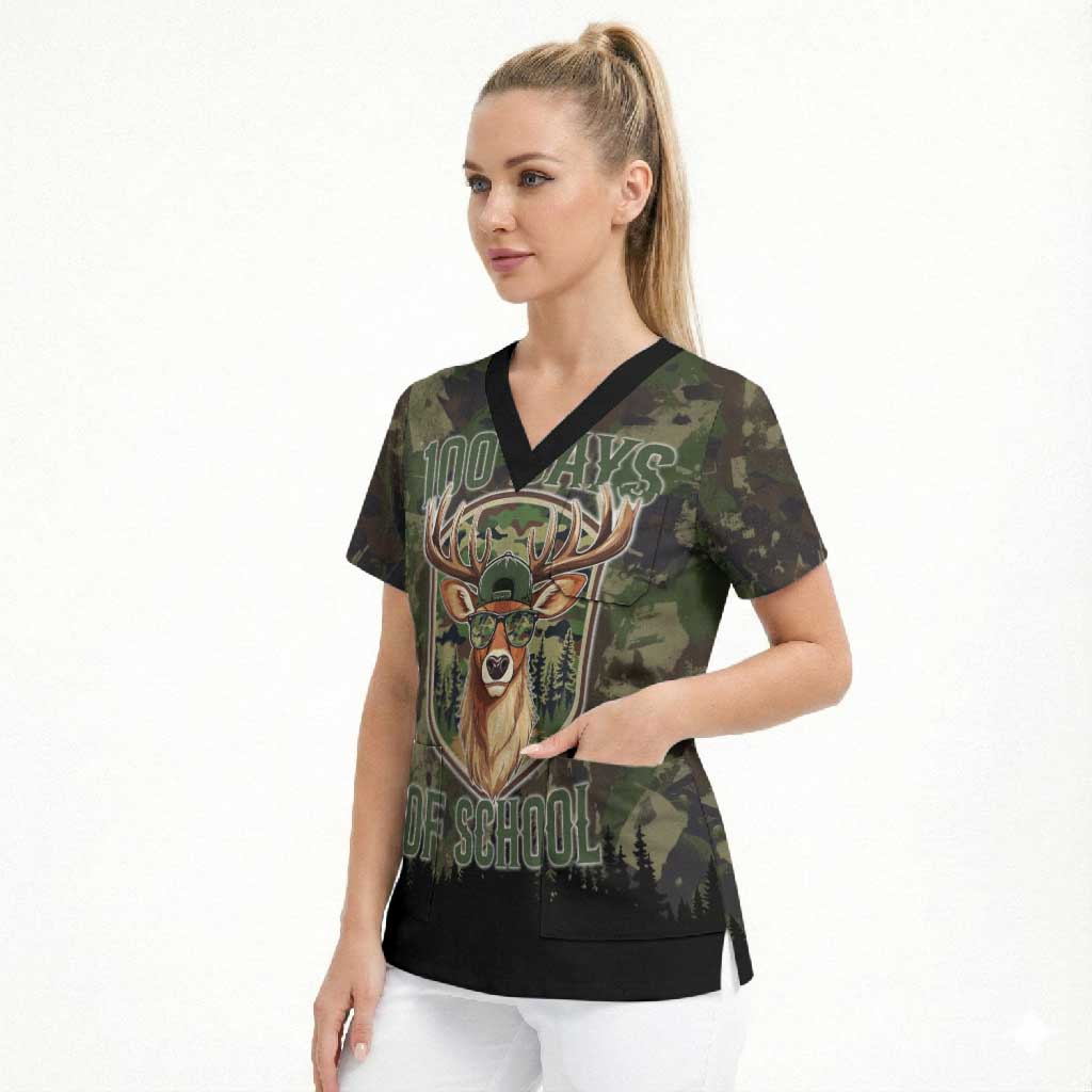 Deer 100 Days of School Scrub Top Camo Deer Adventure Forest
