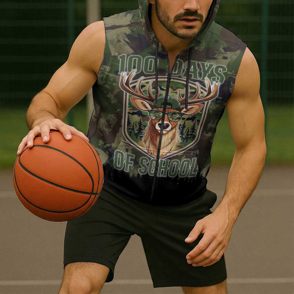 Deer 100 Days of School Sleeveless Zip Hoodie Camo Deer Adventure Forest