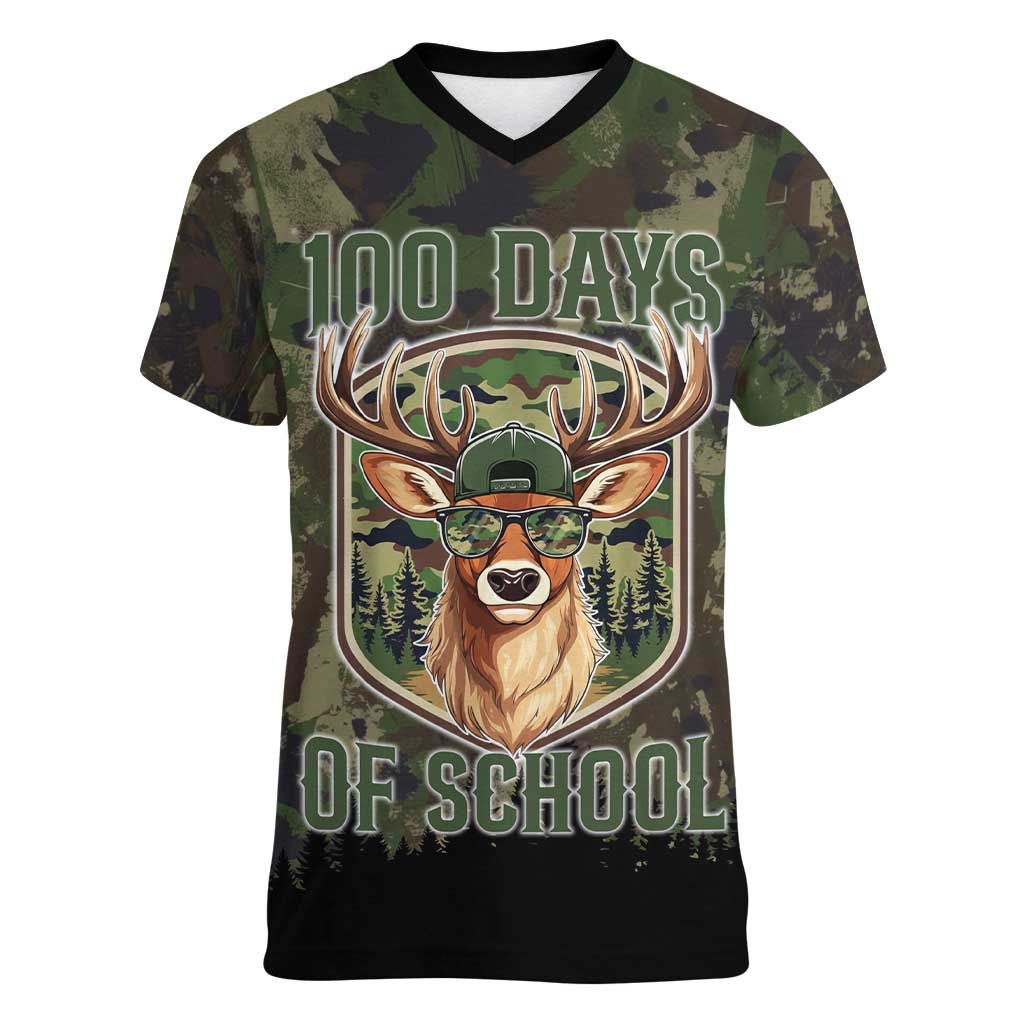 Deer 100 Days of School Women V-Neck T-Shirt Camo Deer Adventure Forest