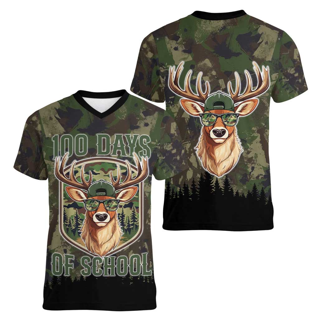 Deer 100 Days of School Women V-Neck T-Shirt Camo Deer Adventure Forest