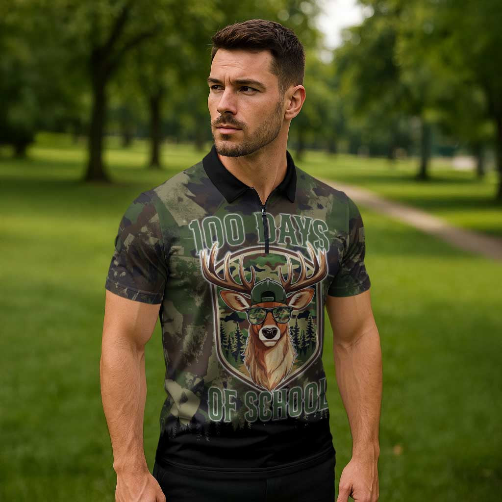 Deer 100 Days of School Zipper Polo Shirt Camo Deer Adventure Forest