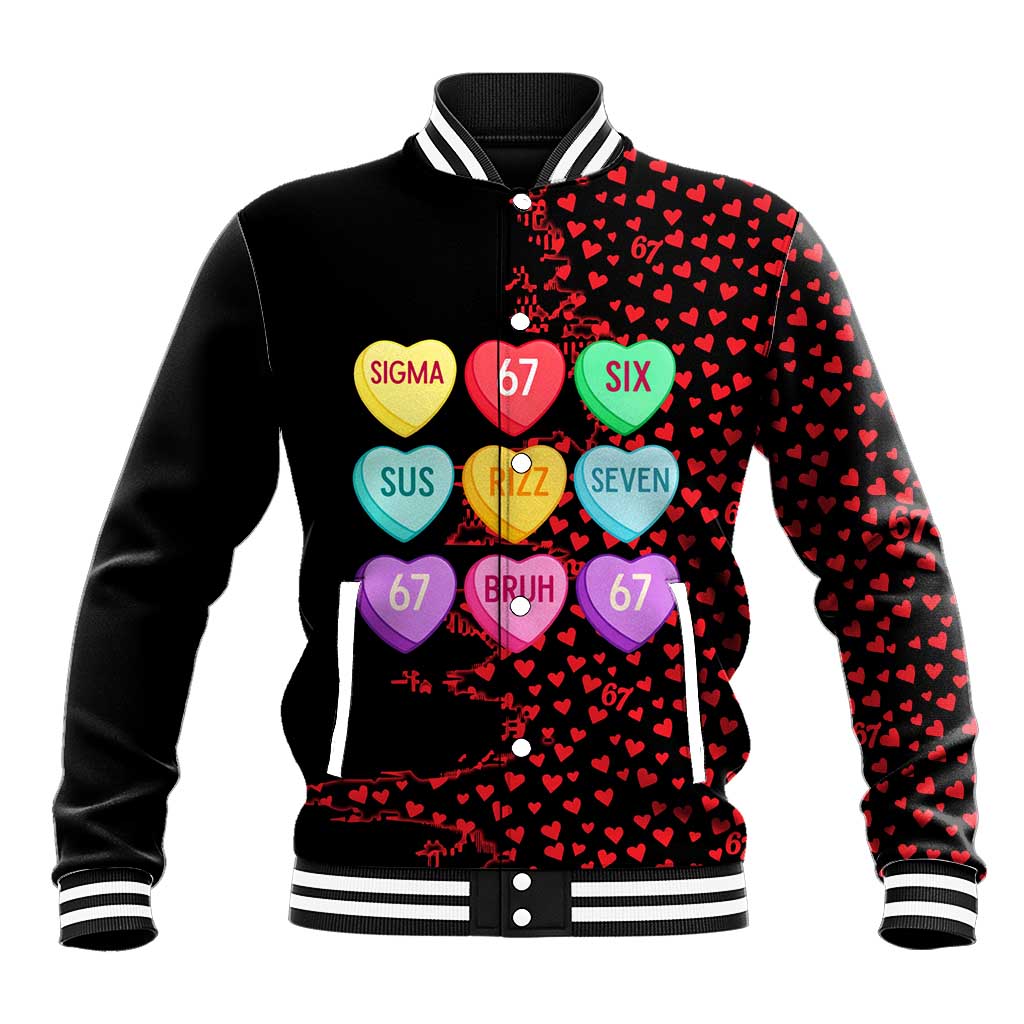 Valentine’s Day 67 Meme Six Seven Baseball Jacket Gen Alpha Conversation Hearts