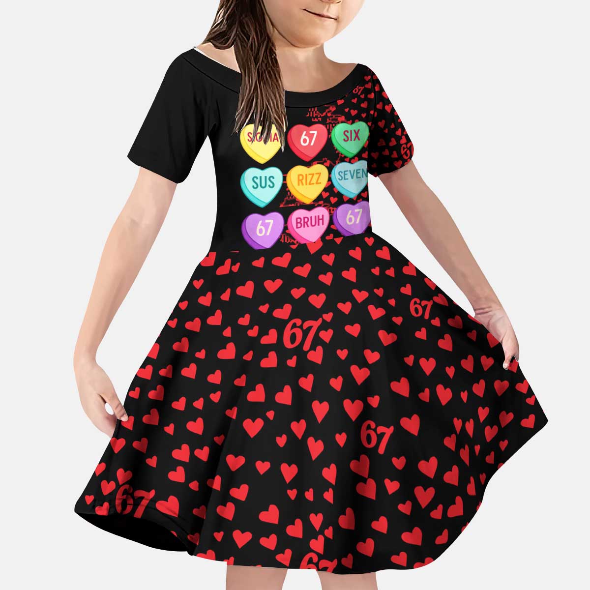 Valentine’s Day 67 Meme Six Seven Kid Short Sleeve Dress Gen Alpha Conversation Hearts