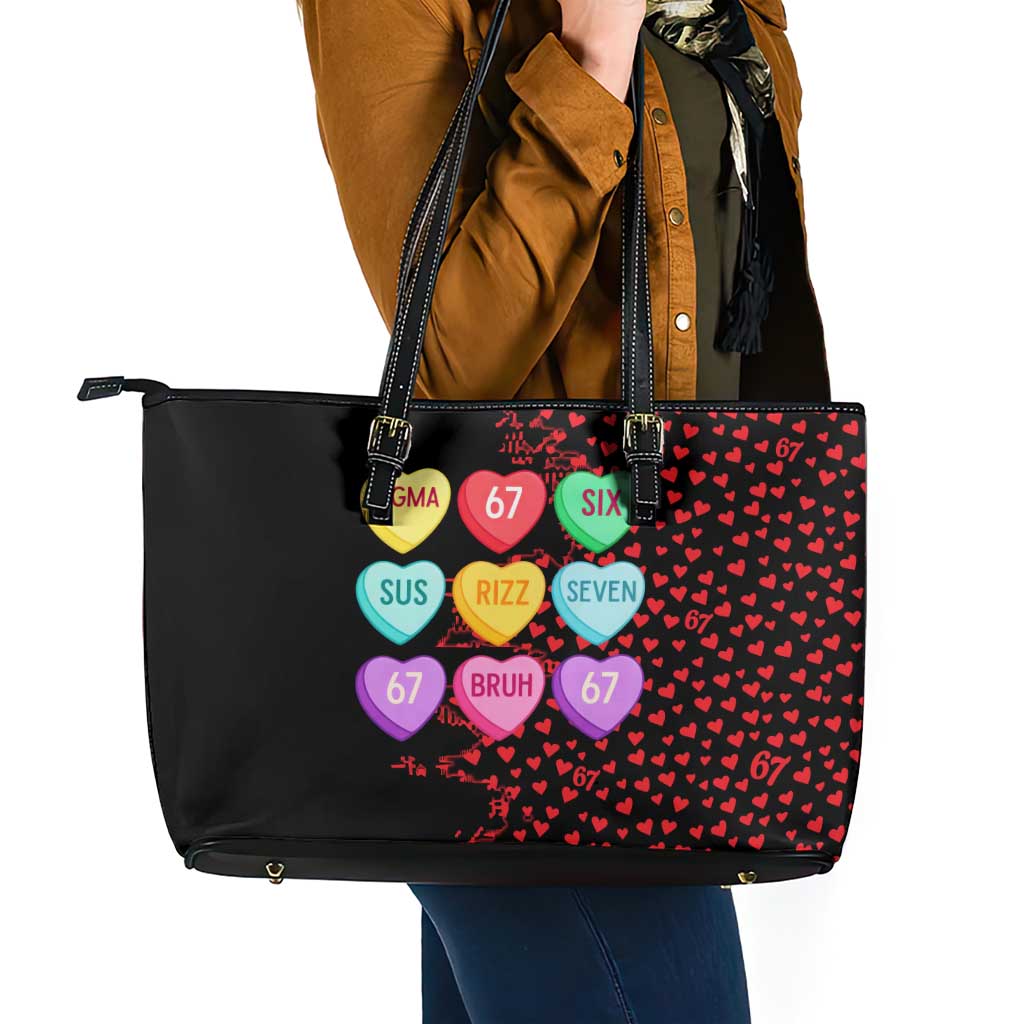Valentine’s Day 67 Meme Six Seven Leather Tote Bag Gen Alpha Conversation Hearts