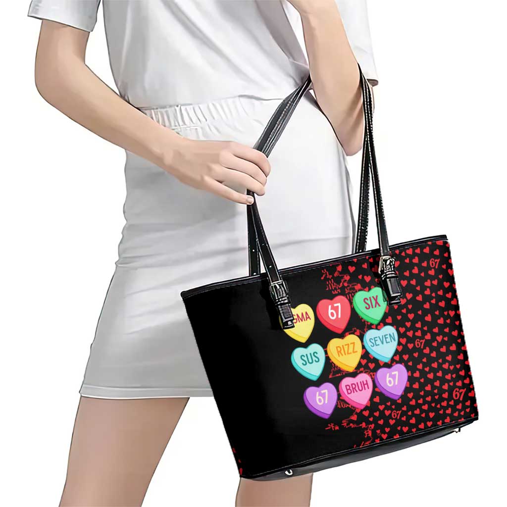 Valentine’s Day 67 Meme Six Seven Leather Tote Bag Gen Alpha Conversation Hearts