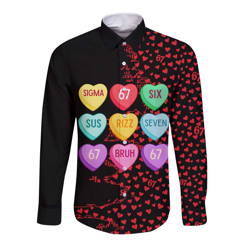 Valentine’s Day 67 Meme Six Seven Long Sleeve Button Shirt Gen Alpha Conversation Hearts