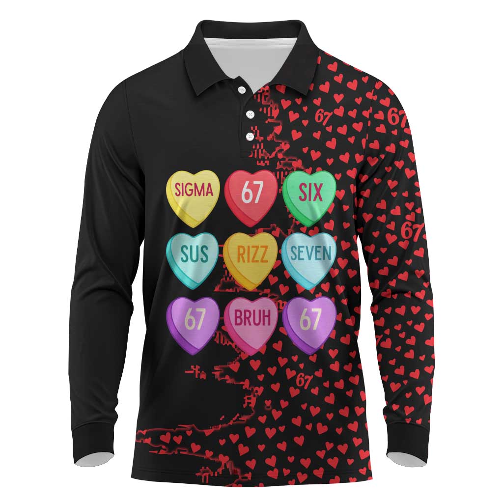 Valentine’s Day 67 Meme Six Seven Long Sleeve Polo Shirt Gen Alpha Conversation Hearts