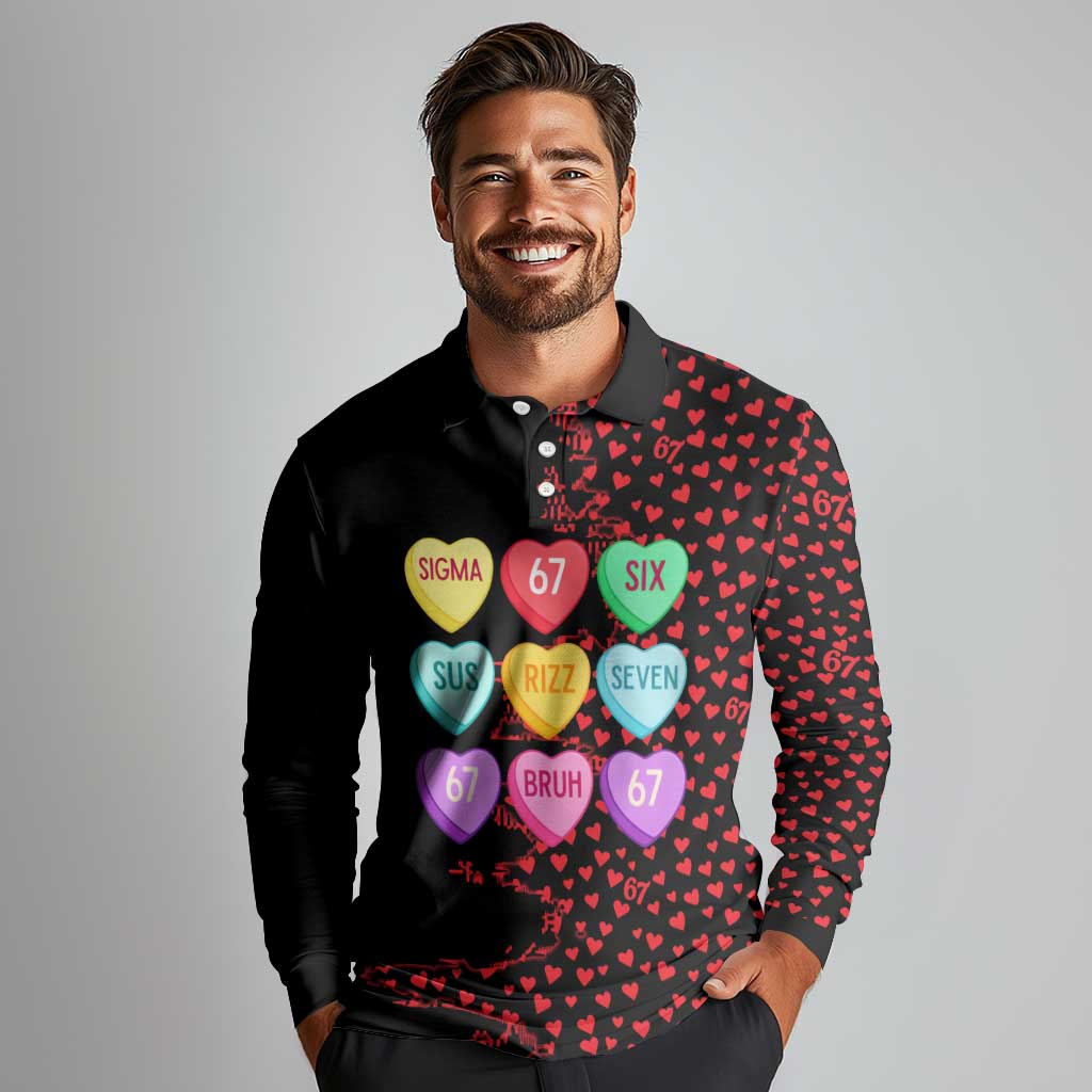 Valentine’s Day 67 Meme Six Seven Long Sleeve Polo Shirt Gen Alpha Conversation Hearts