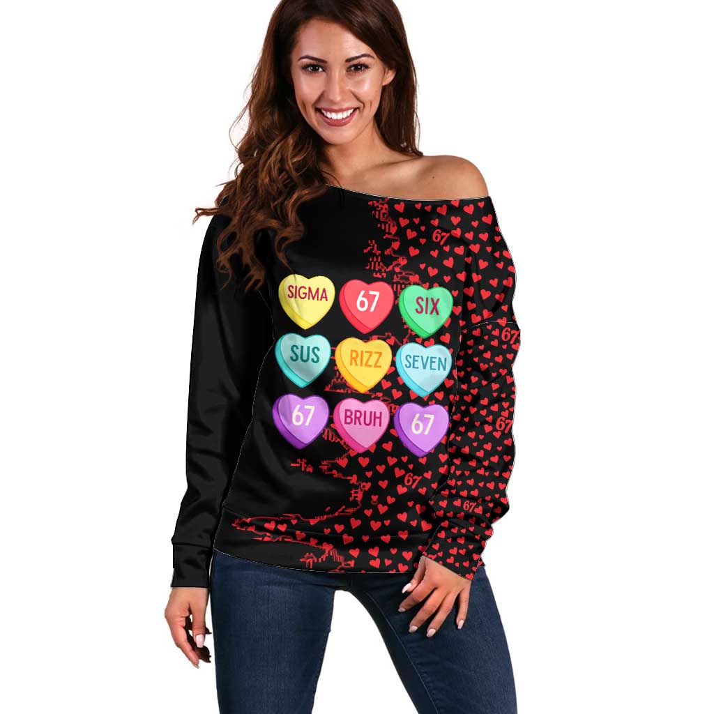 Valentine’s Day 67 Meme Six Seven Off Shoulder Sweater Gen Alpha Conversation Hearts