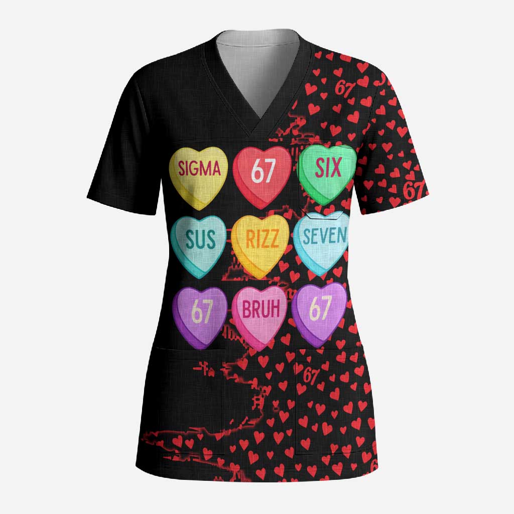 Valentine’s Day 67 Meme Six Seven Scrub Top Gen Alpha Conversation Hearts