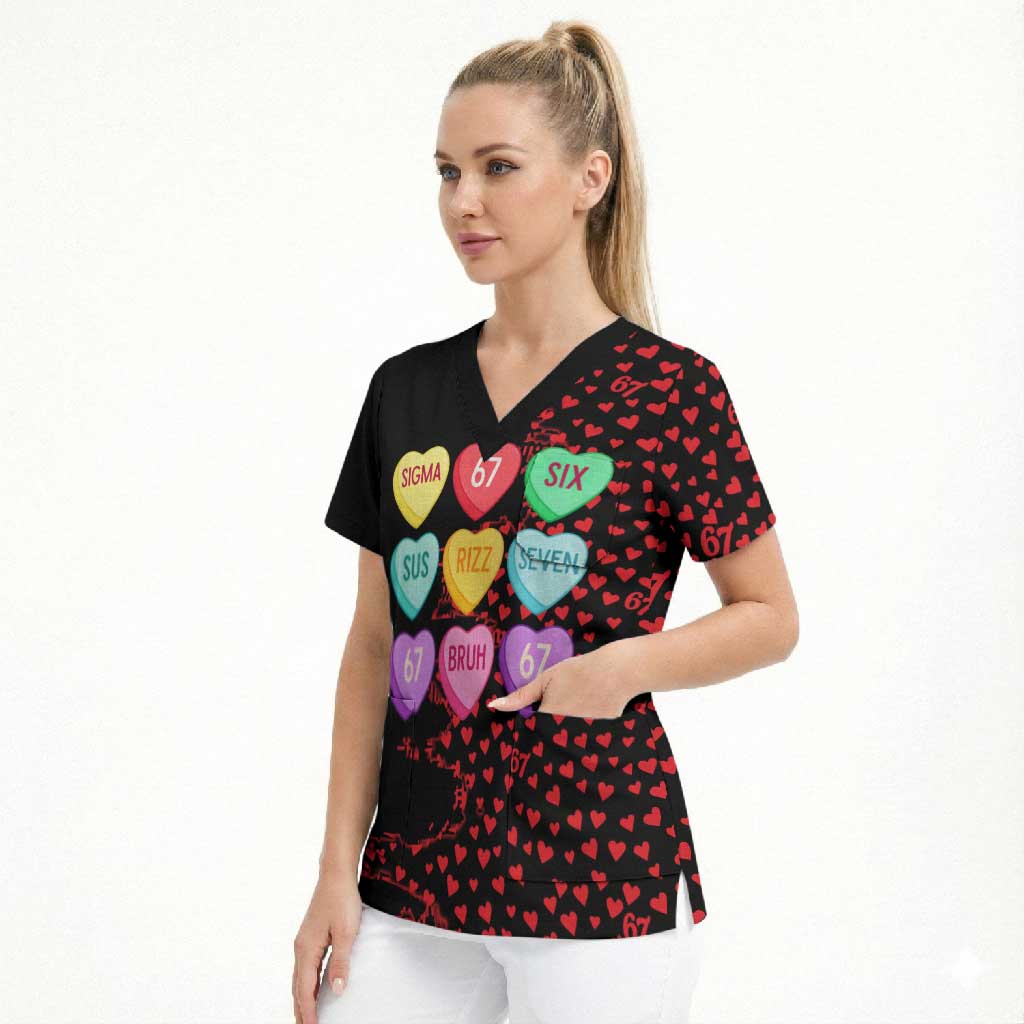 Valentine’s Day 67 Meme Six Seven Scrub Top Gen Alpha Conversation Hearts