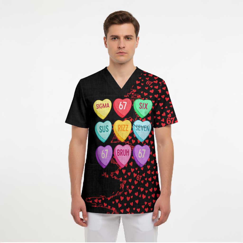 Valentine’s Day 67 Meme Six Seven Scrub Top Gen Alpha Conversation Hearts