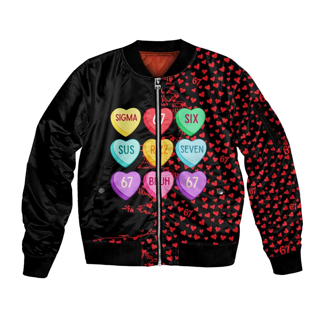Valentine’s Day 67 Meme Six Seven Sleeve Zip Bomber Jacket Gen Alpha Conversation Hearts