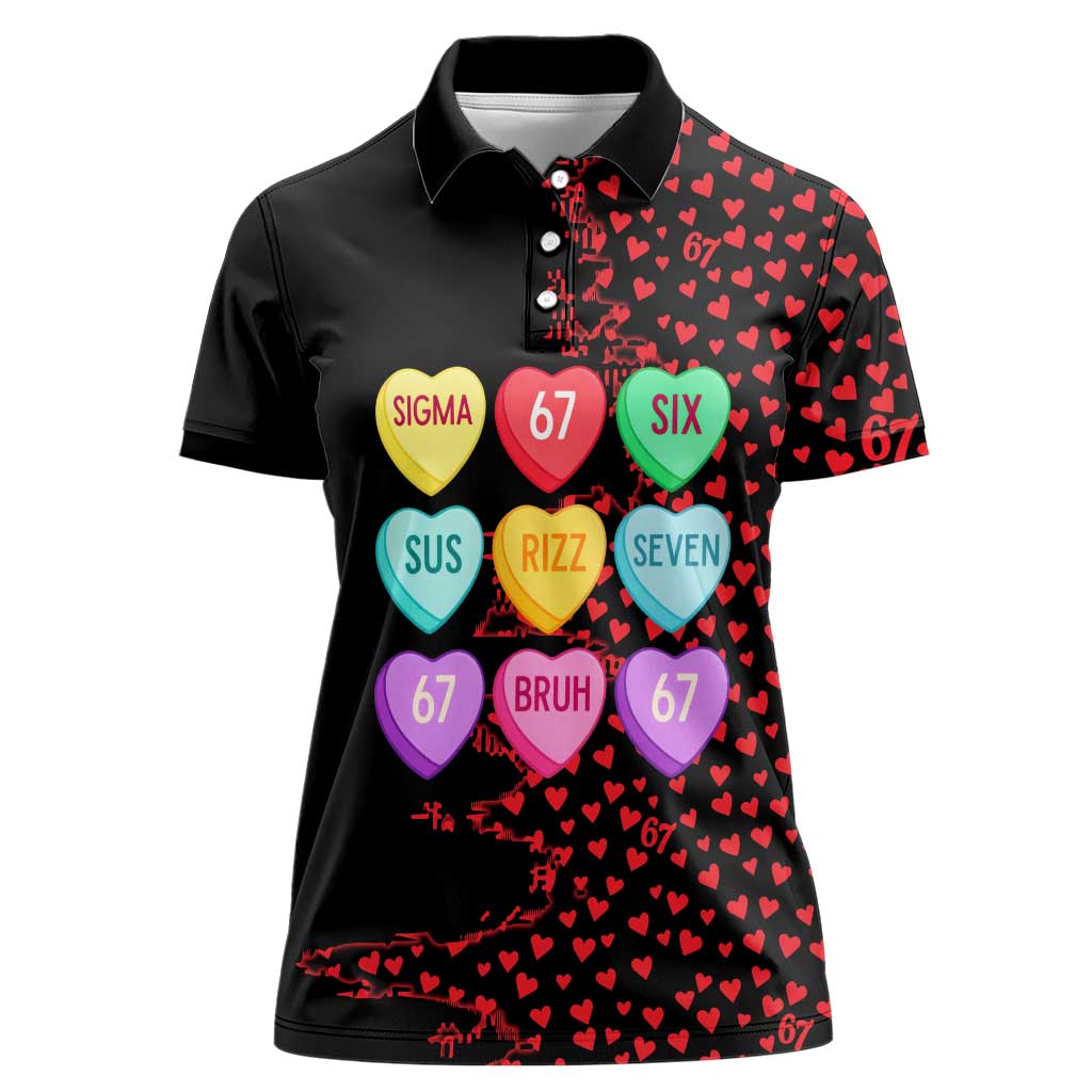 Valentine’s Day 67 Meme Six Seven Women Polo Shirt Gen Alpha Conversation Hearts