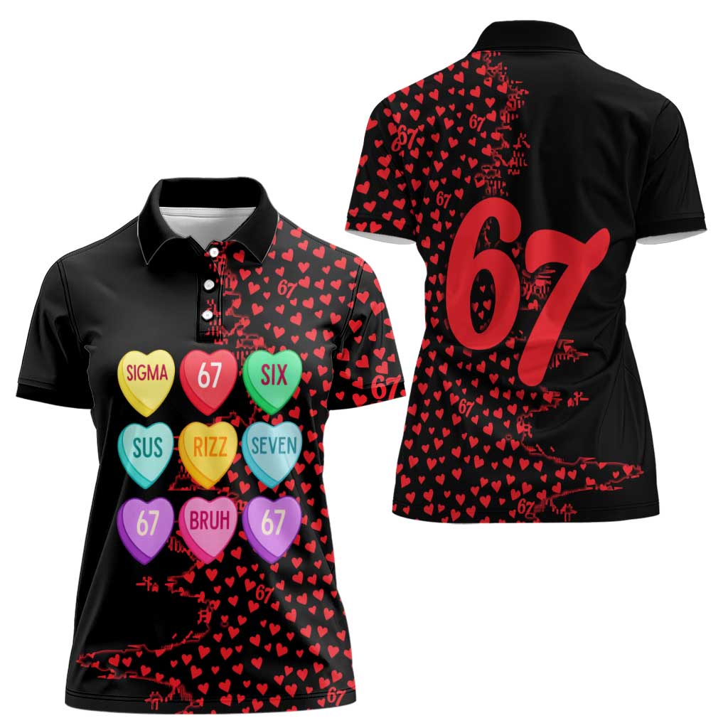Valentine’s Day 67 Meme Six Seven Women Polo Shirt Gen Alpha Conversation Hearts