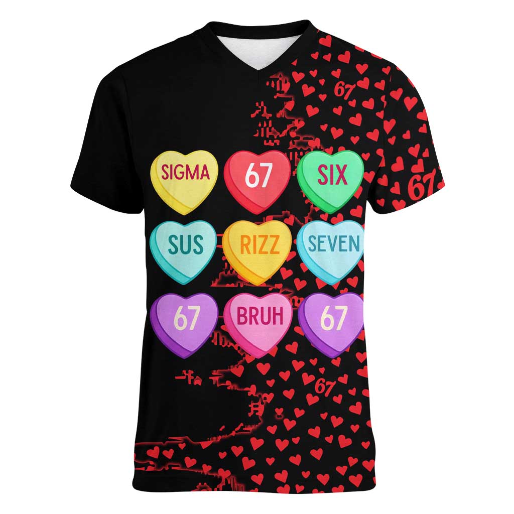 Valentine’s Day 67 Meme Six Seven Women V-Neck T-Shirt Gen Alpha Conversation Hearts