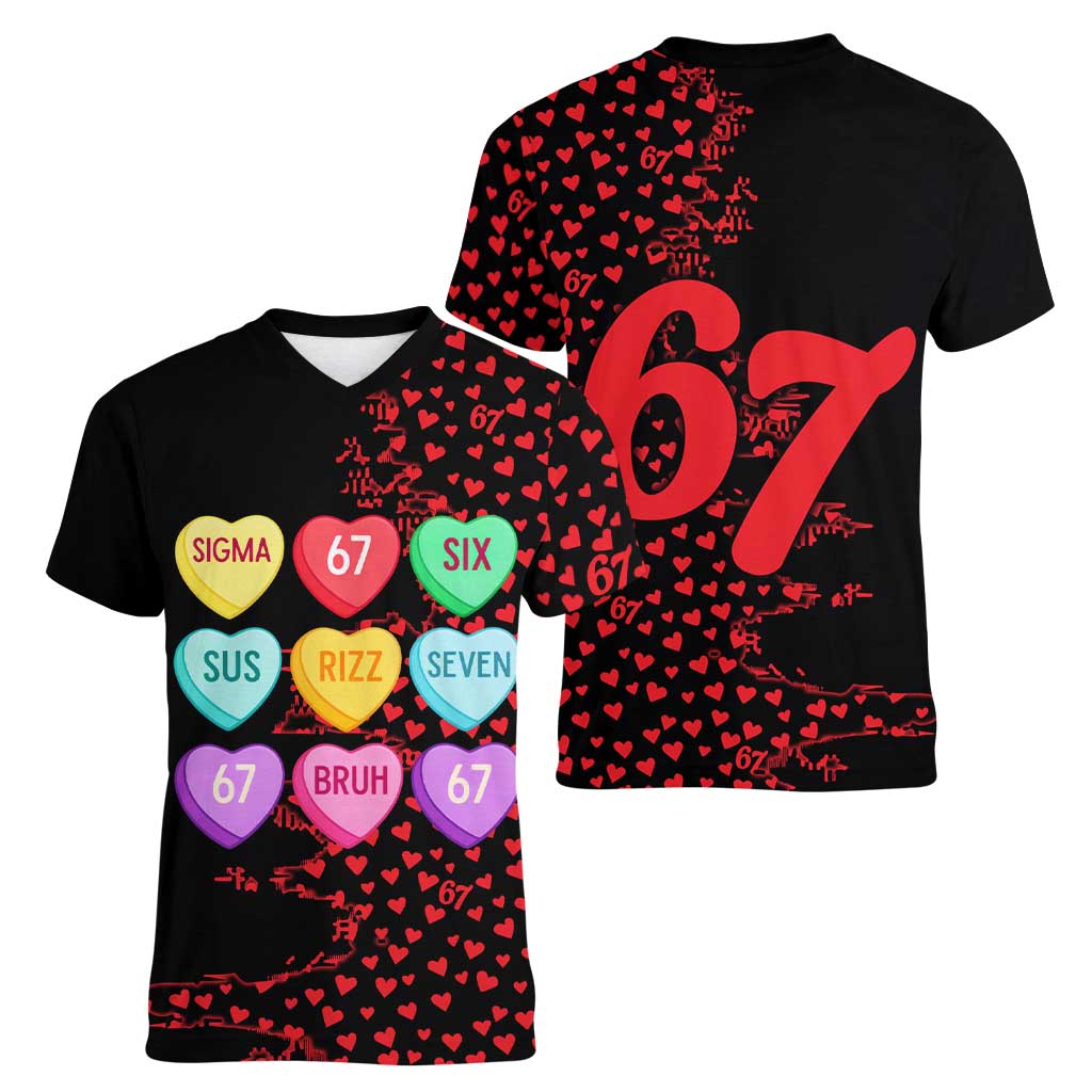 Valentine’s Day 67 Meme Six Seven Women V-Neck T-Shirt Gen Alpha Conversation Hearts