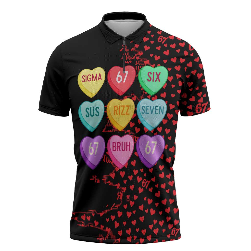 Valentine’s Day 67 Meme Six Seven Zipper Polo Shirt Gen Alpha Conversation Hearts