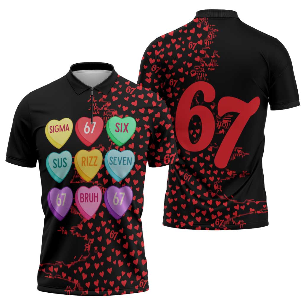 Valentine’s Day 67 Meme Six Seven Zipper Polo Shirt Gen Alpha Conversation Hearts