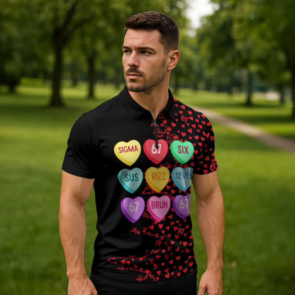 Valentine’s Day 67 Meme Six Seven Zipper Polo Shirt Gen Alpha Conversation Hearts