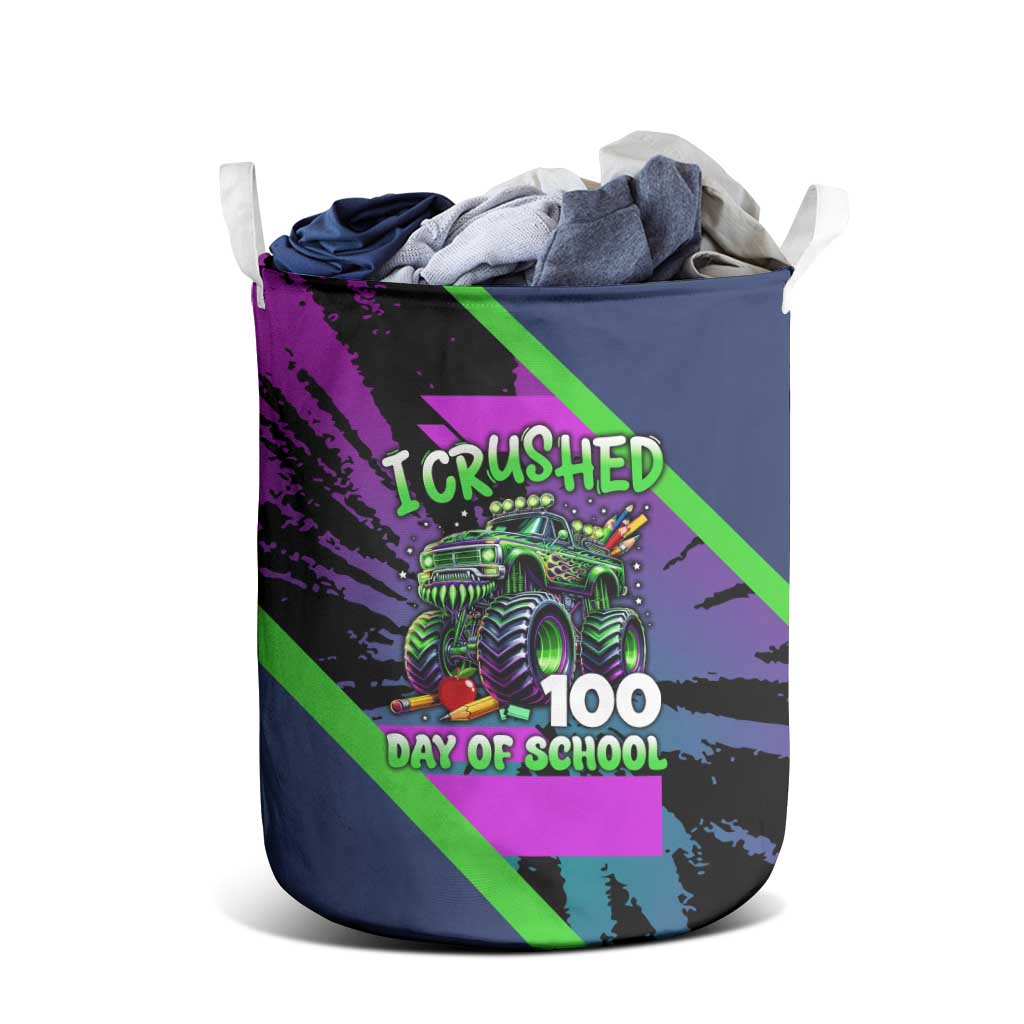 I Crushed 100 Days of School Monster Truck Laundry Basket 100th Day Boys - Retro Radiant Pattern