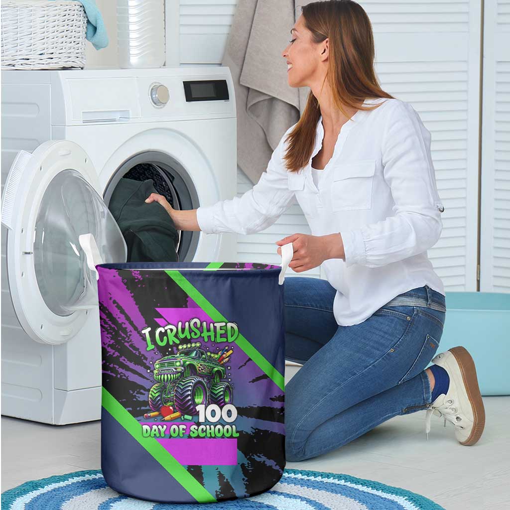 I Crushed 100 Days of School Monster Truck Laundry Basket 100th Day Boys - Retro Radiant Pattern