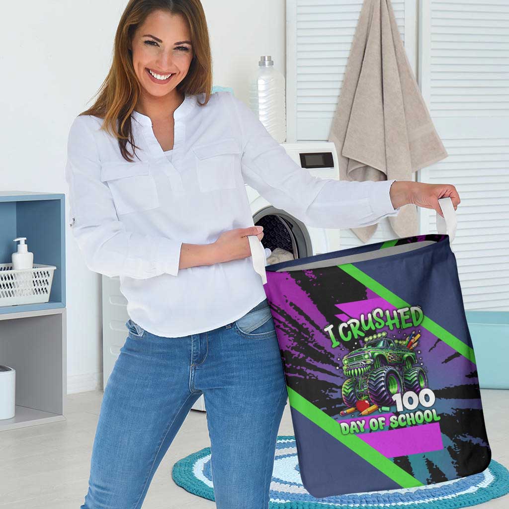 I Crushed 100 Days of School Monster Truck Laundry Basket 100th Day Boys - Retro Radiant Pattern