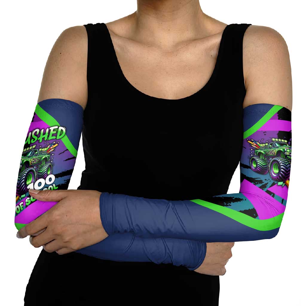 I Crushed 100 Days of School Monster Truck Arm Sleeves 100th Day Boys - Retro Radiant Pattern