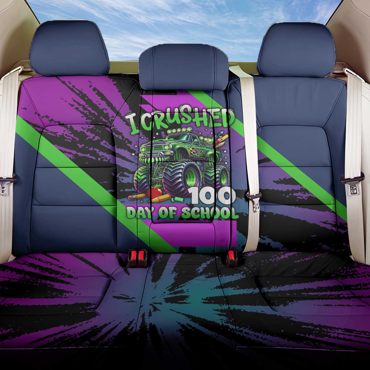I Crushed 100 Days of School Monster Truck Back Car Seat Cover 100th Day Boys - Retro Radiant Pattern