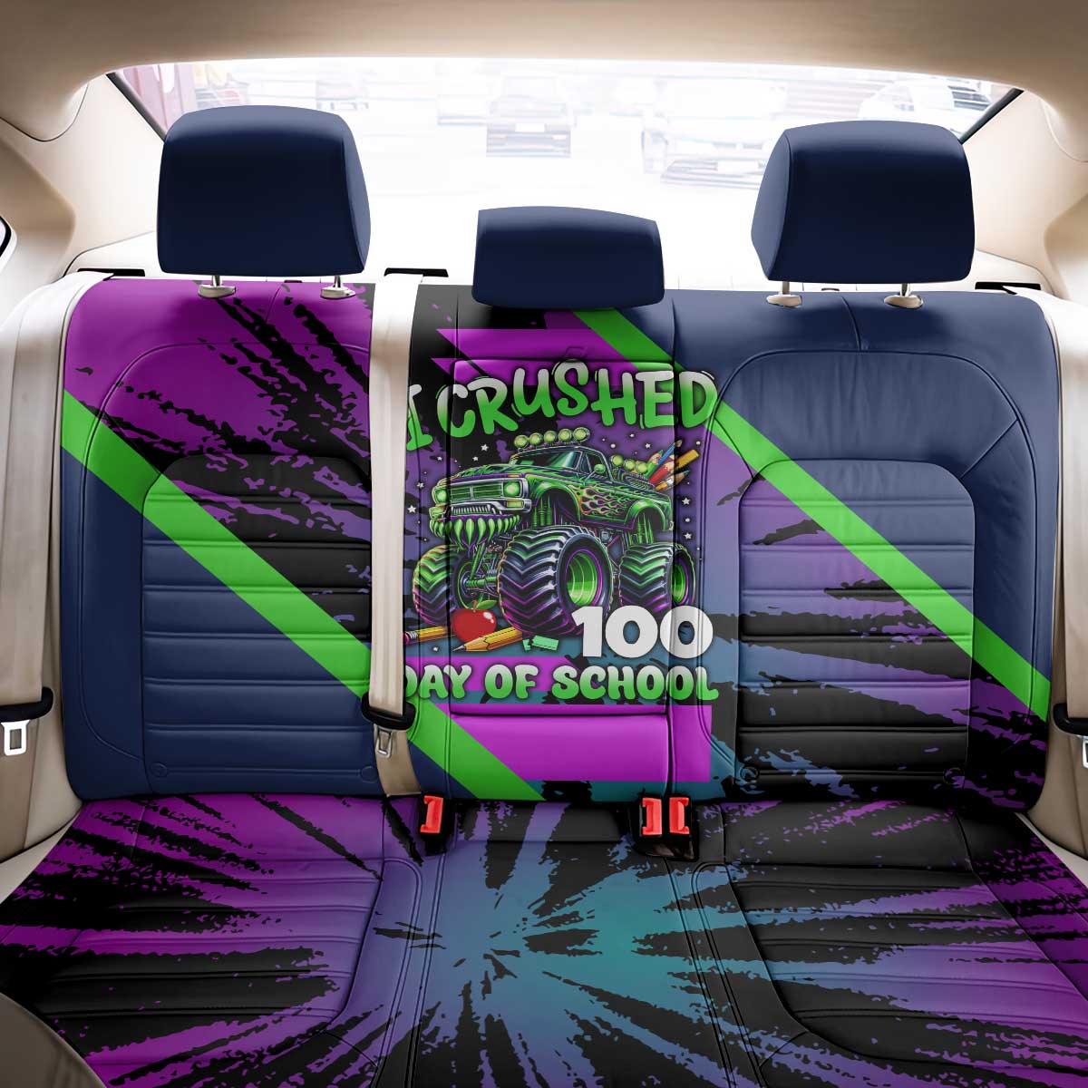 I Crushed 100 Days of School Monster Truck Back Car Seat Cover 100th Day Boys - Retro Radiant Pattern