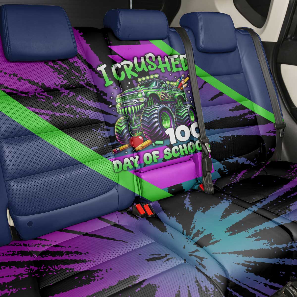I Crushed 100 Days of School Monster Truck Back Car Seat Cover 100th Day Boys - Retro Radiant Pattern