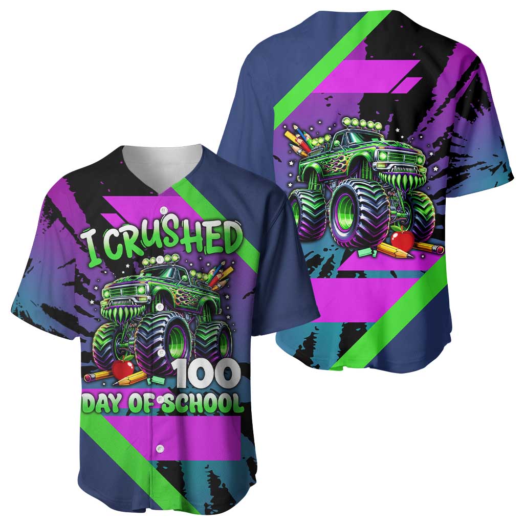 I Crushed 100 Days of School Monster Truck Baseball Jersey 100th Day Boys - Retro Radiant Pattern