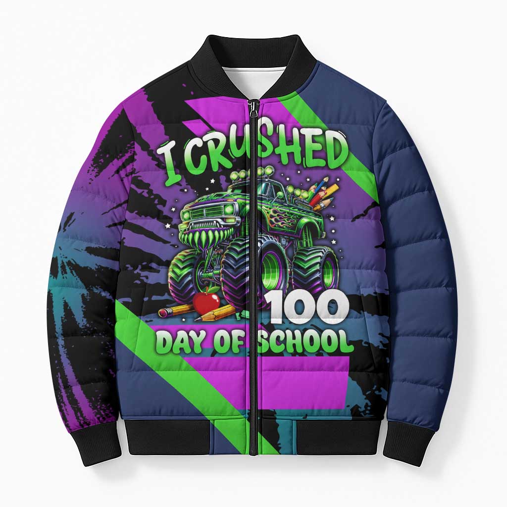 I Crushed 100 Days of School Monster Truck Bomber Puffer Jacket 100th Day Boys - Retro Radiant Pattern