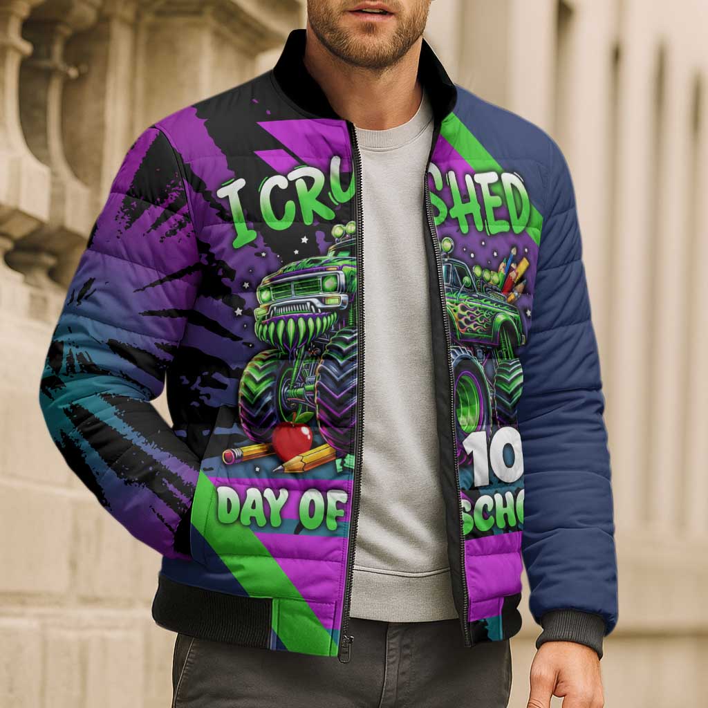 I Crushed 100 Days of School Monster Truck Bomber Puffer Jacket 100th Day Boys - Retro Radiant Pattern