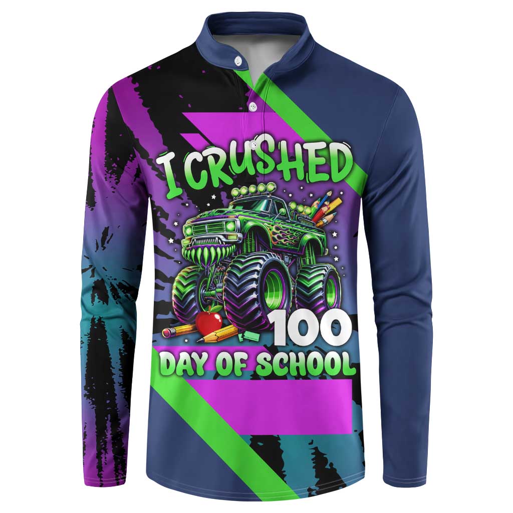 I Crushed 100 Days of School Monster Truck Button Sweatshirt 100th Day Boys - Retro Radiant Pattern