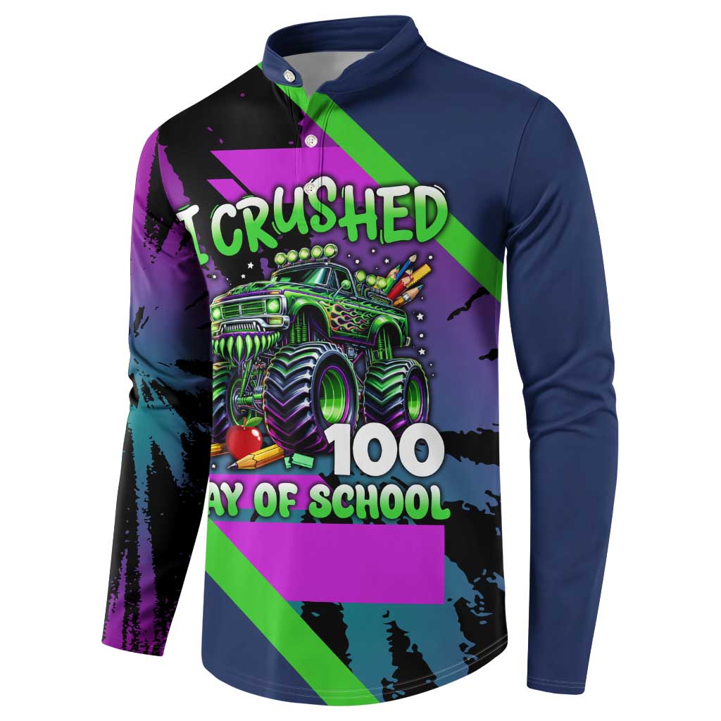 I Crushed 100 Days of School Monster Truck Button Sweatshirt 100th Day Boys - Retro Radiant Pattern