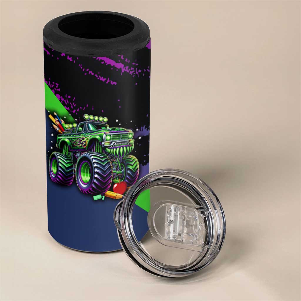 I Crushed 100 Days of School Monster Truck 4 in 1 Can Cooler Tumbler 100th Day Boys - Retro Radiant Pattern