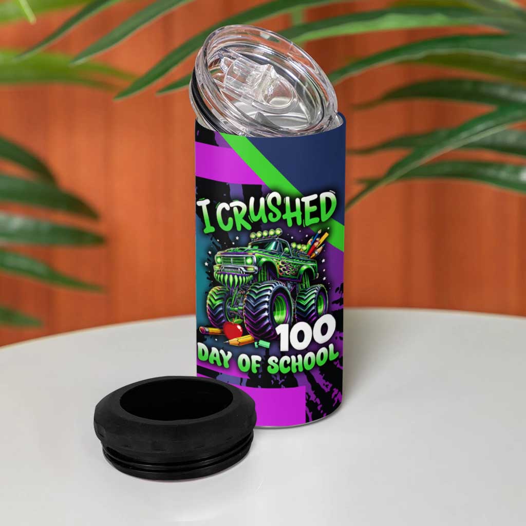 I Crushed 100 Days of School Monster Truck 4 in 1 Can Cooler Tumbler 100th Day Boys - Retro Radiant Pattern