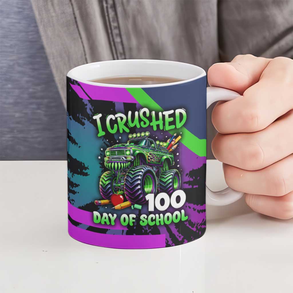 I Crushed 100 Days of School Monster Truck Ceramic Mug 100th Day Boys - Retro Radiant Pattern